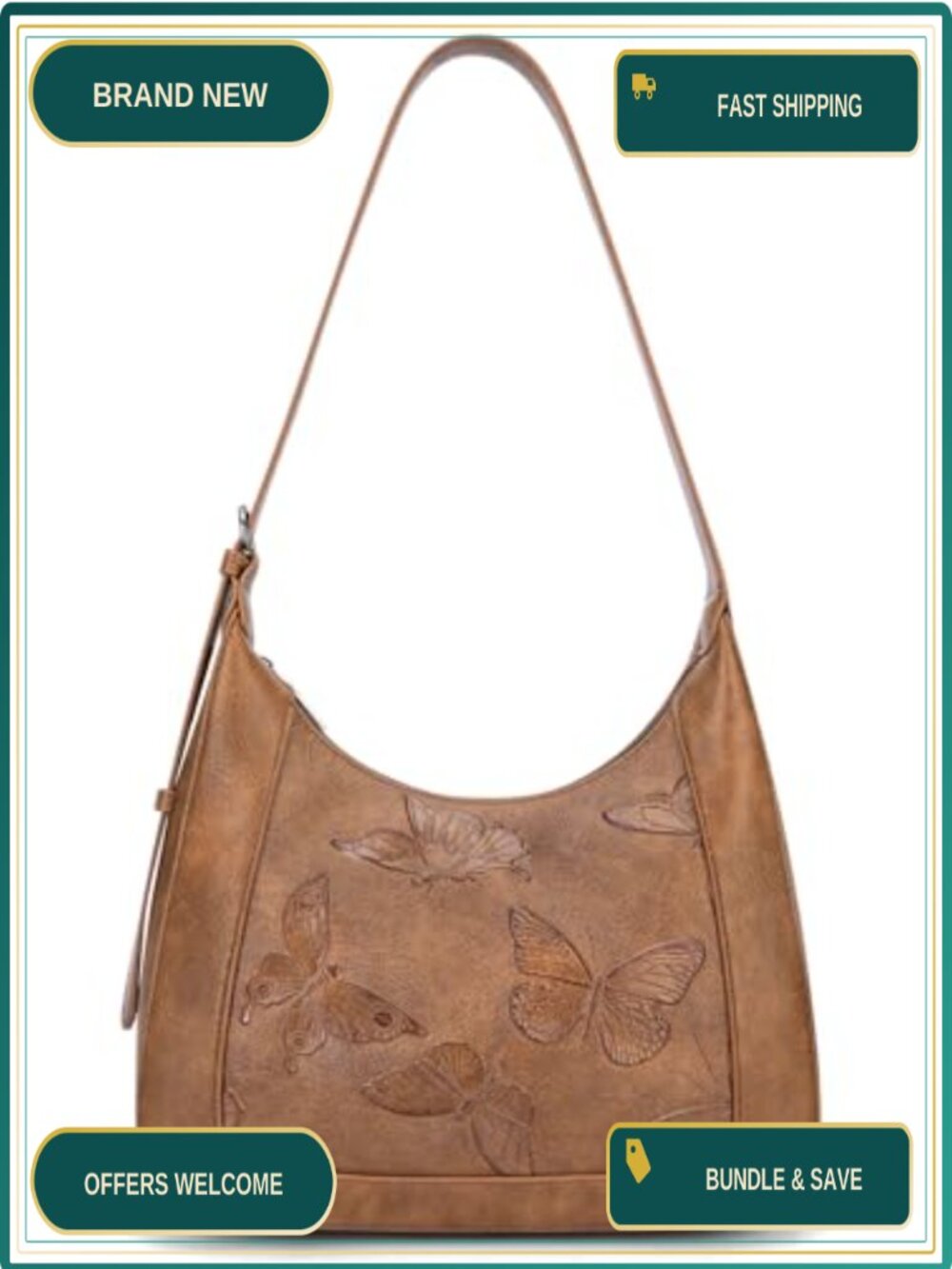Vegan Leather Butterfly Hobo Shoulder Bag Small Purse Adjustable Strap